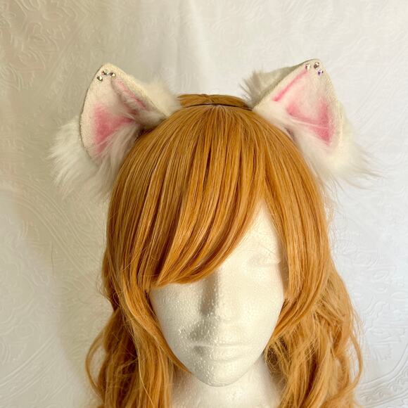 White and Pink Realistic Cat Ears Headband Nekomimi - Picture 1 of 3